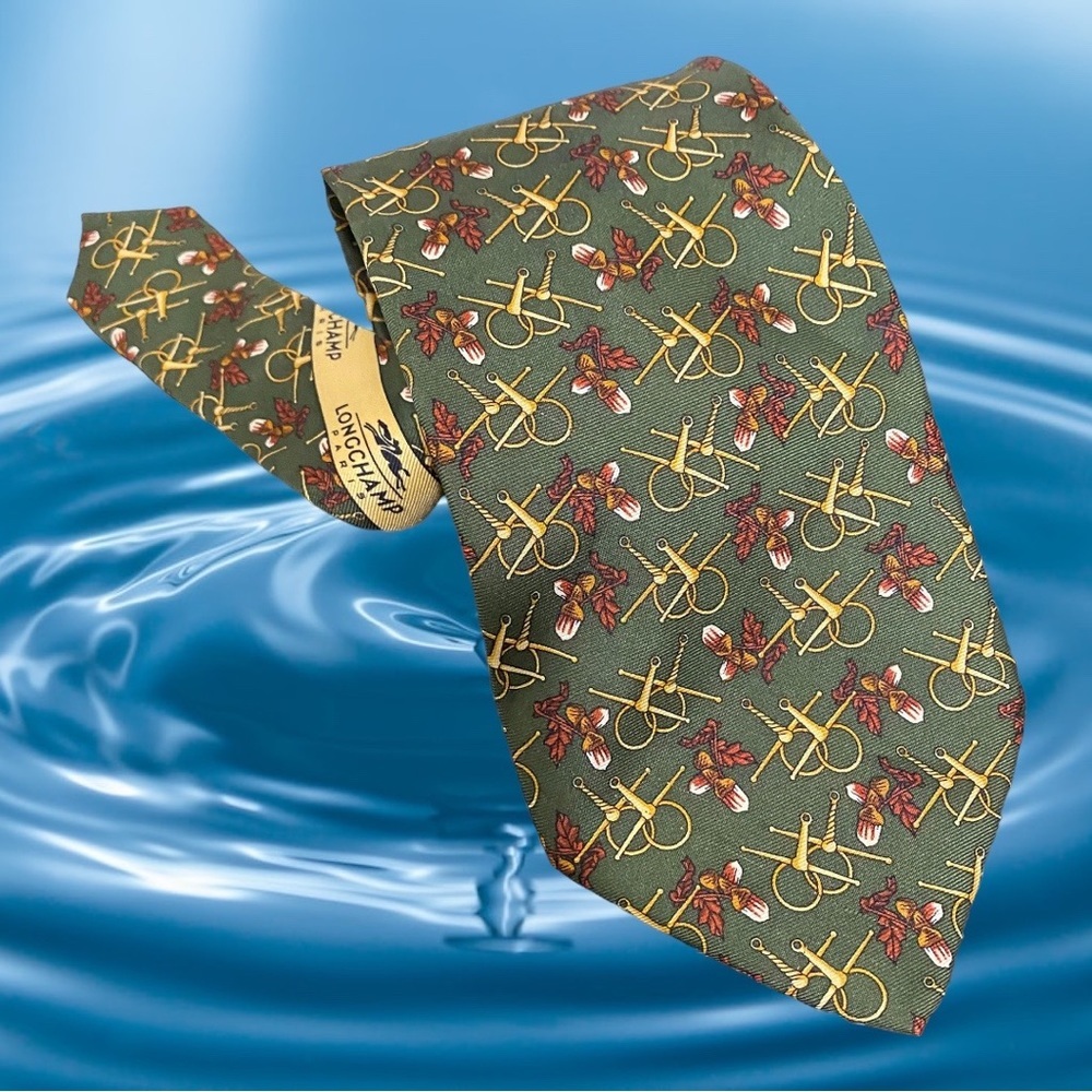 Longchamp Silk Tie Bridle Horse Equestrian Green Gold Italy 4”